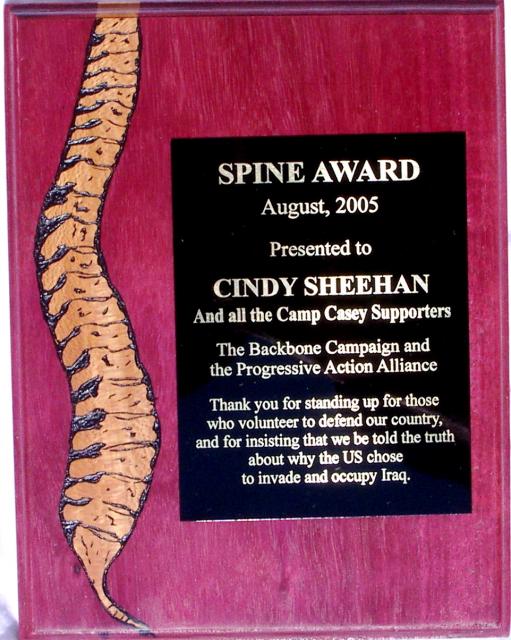 Spine Award plaque for Cindy Sheehan